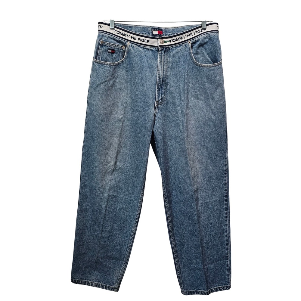 Vintage Tommy Hilfiger Jeans Mens 36x32 Logo Waistband Relaxed Straight Denim